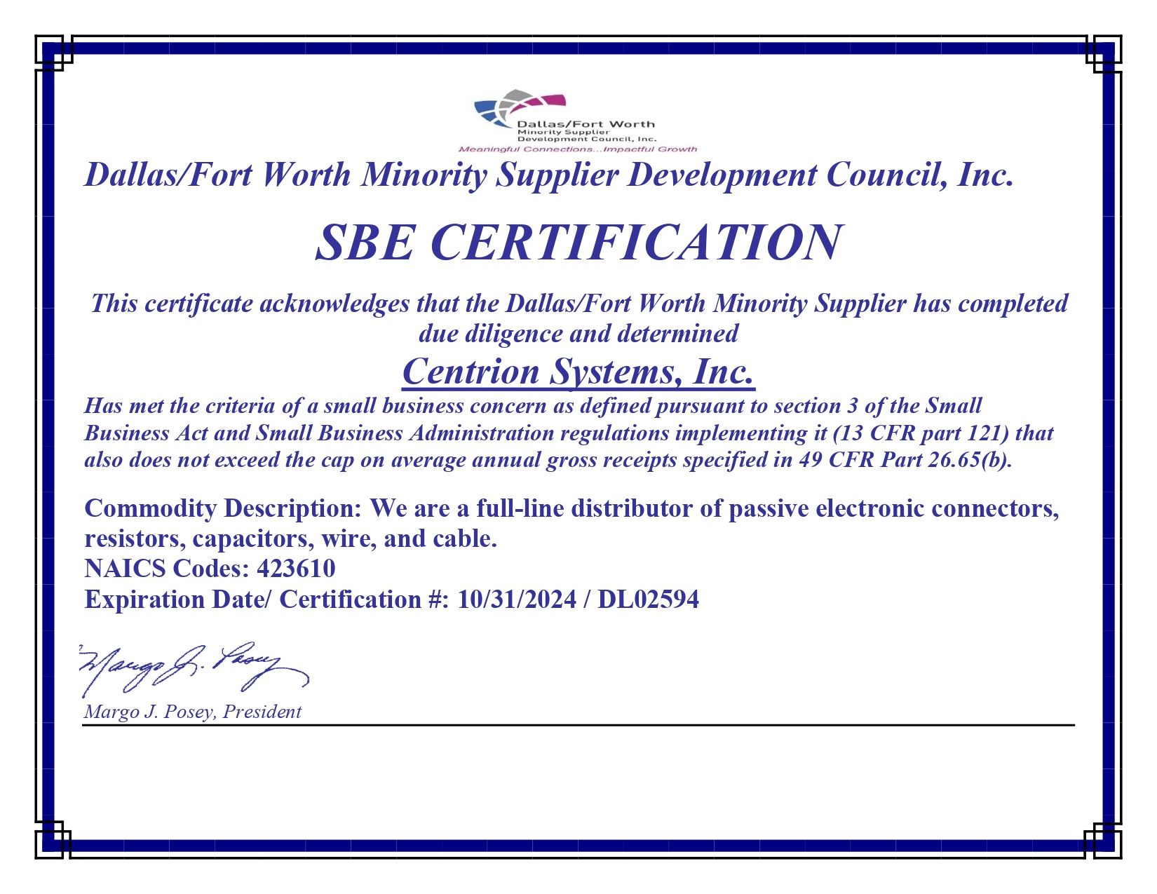 Centrion Systems SBE Certificate