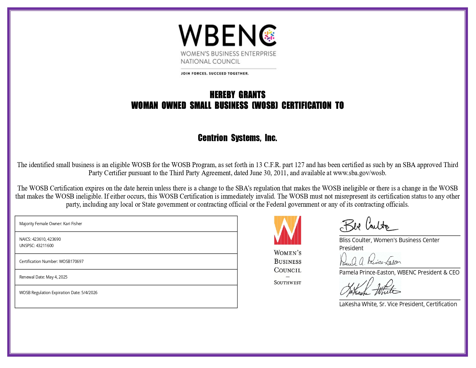 WBENC (WOSB) Certificate