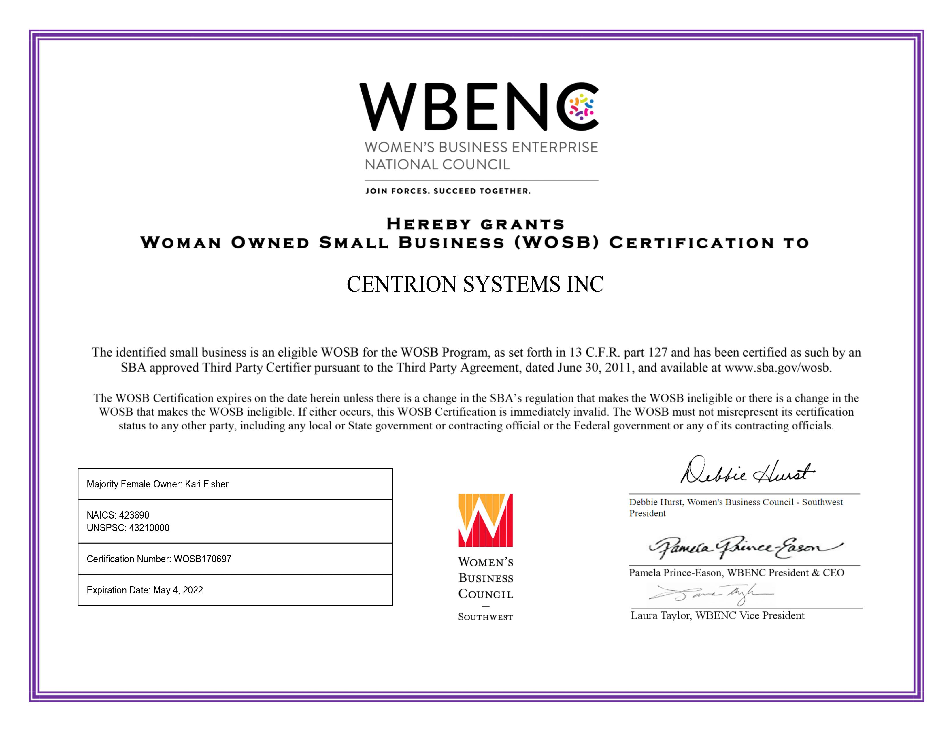 Woman Owned Small Business (WOSB) Certification