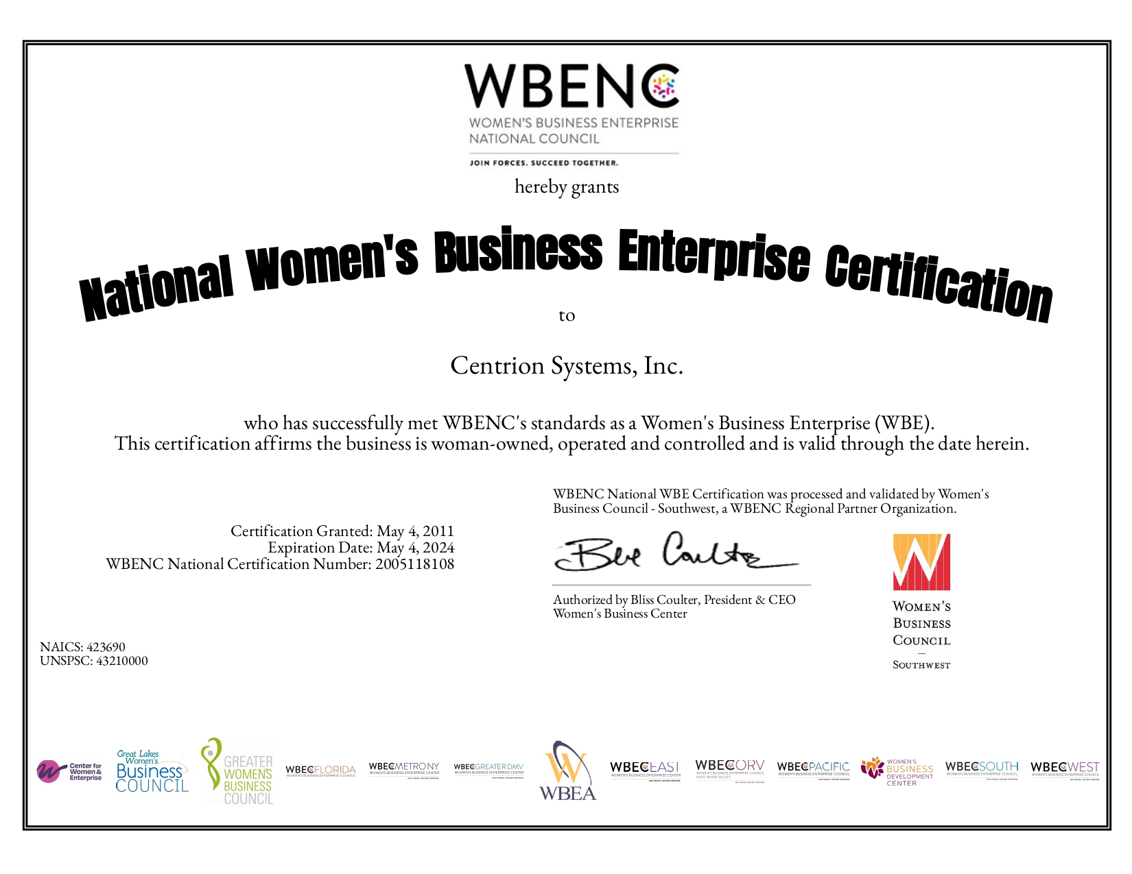 WBENC (WBE) Certificate