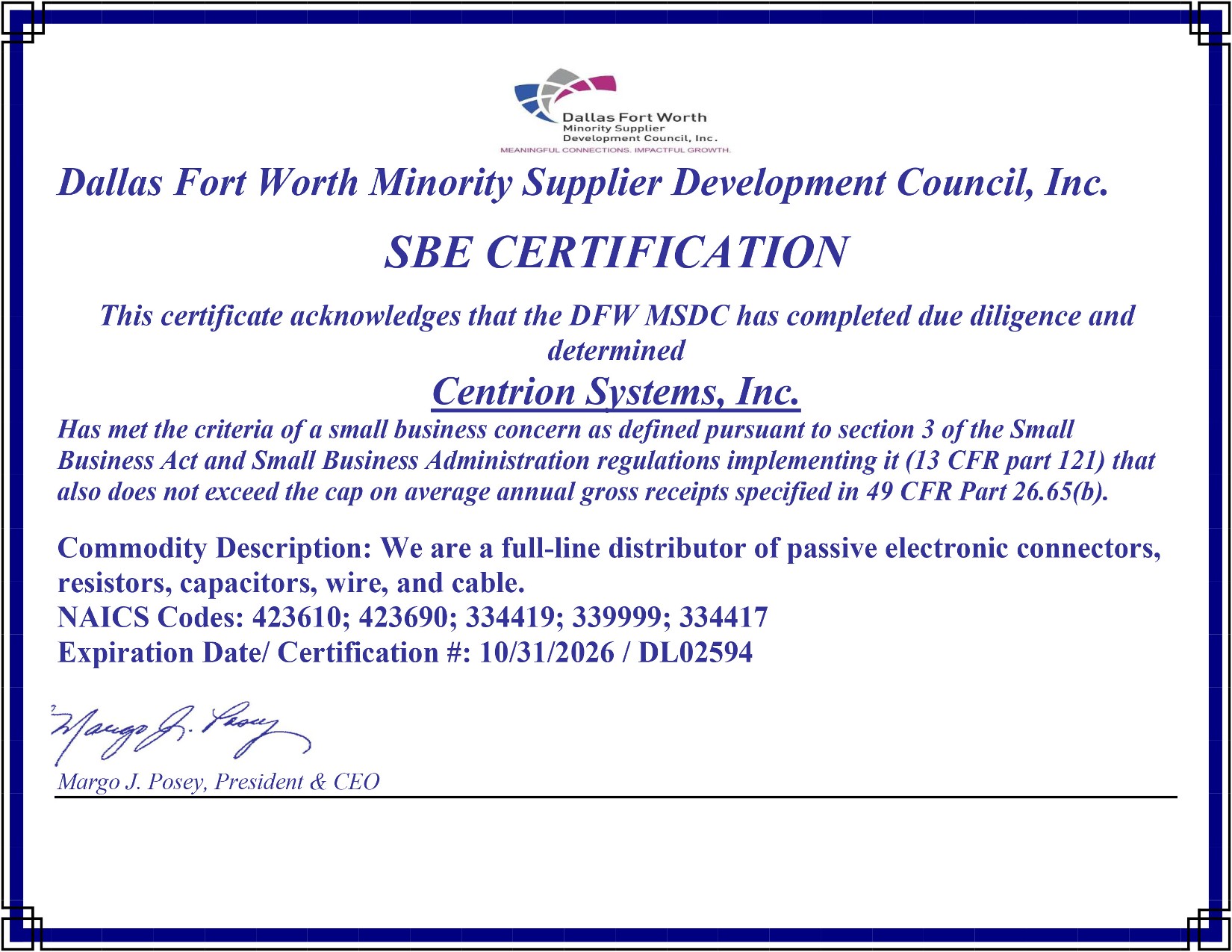 Centrion Systems SBE Certificate