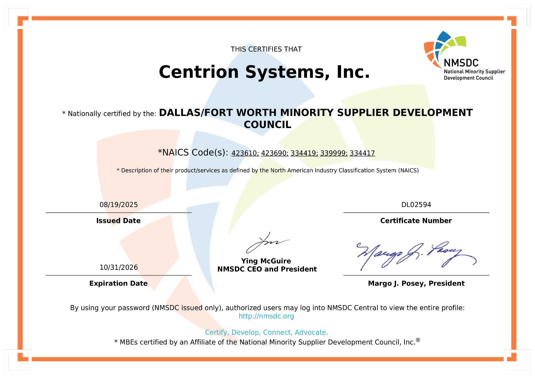 Centrion Systems, Inc. Certificate